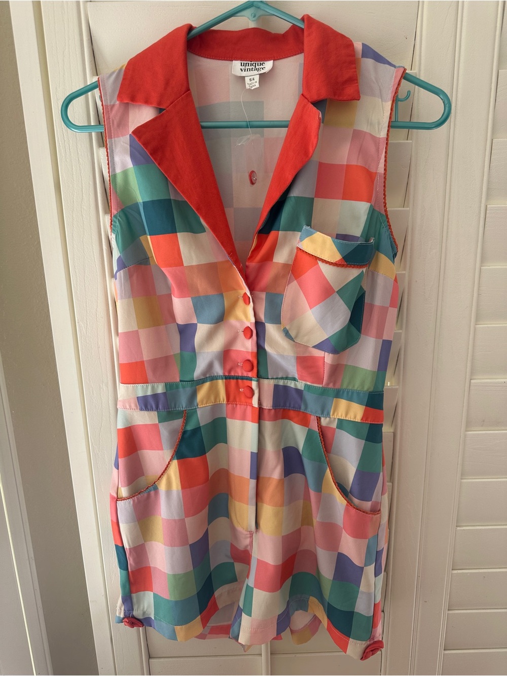 Unique Vintage Multicolor Checkered One-Piece Romper with Orange Collar